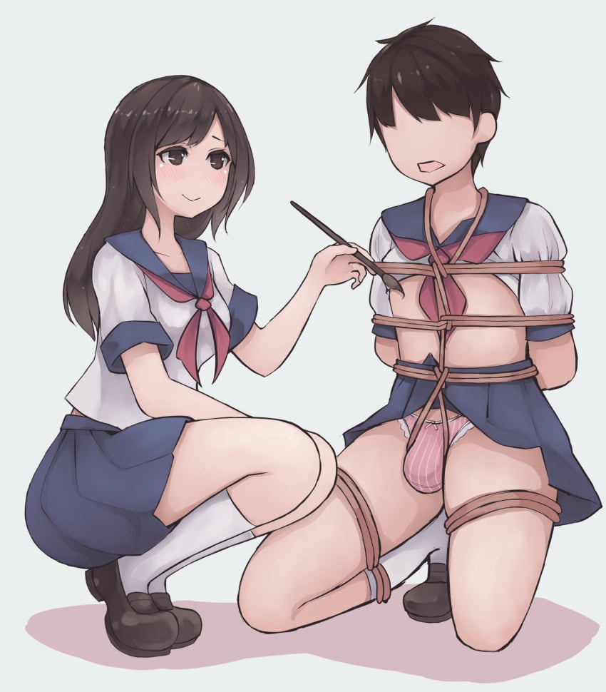 1boy 1girls arms_behind_back black_hair bondage brush crossdressing faceless faceless_character faceless_male femboy femdom footwear kikiu_bd kneeling long_hair male no_nipples open_mouth panties short_hair simple_background squatting thick_thighs thighs white_footwear