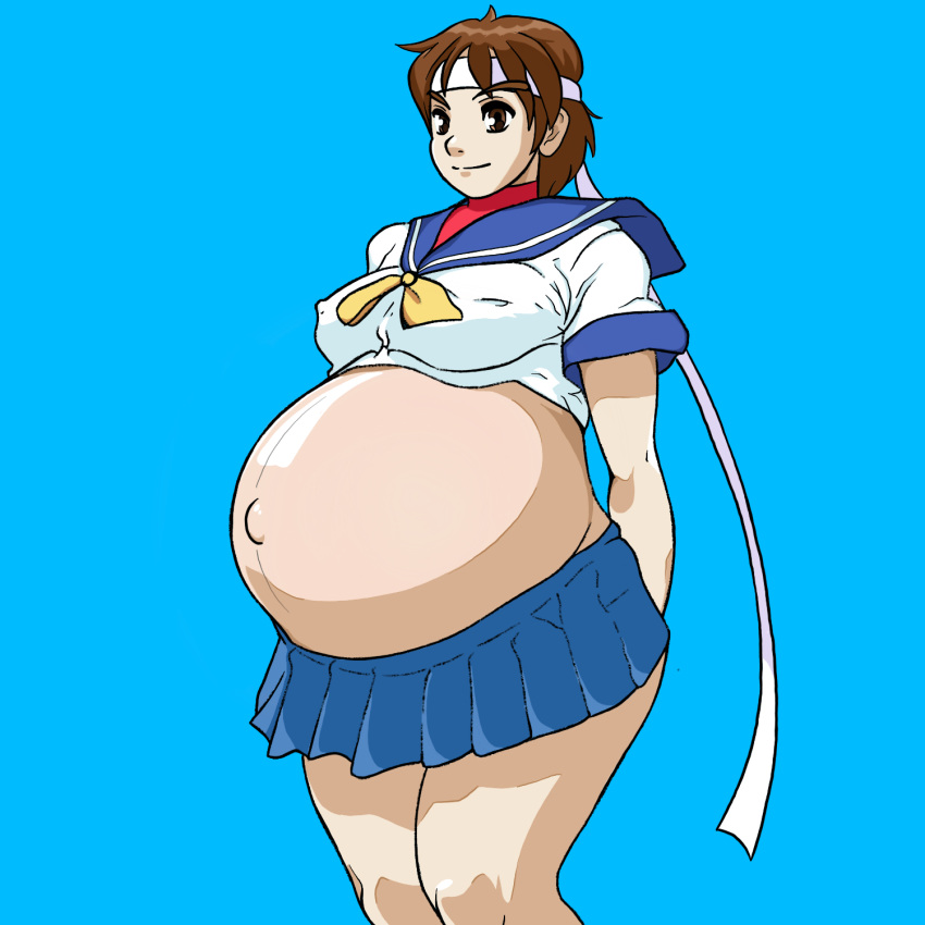 1girls arms_behind_back bandana belly belly_button big_belly breasts brown_eyes brown_hair capcom clothed clothing female female_only fungus-man happy legs light-skinned_female light_skin navel pregnant sakura_kasugano seifuku self_upload short_hair skirt small_breasts smile solo solo_female street_fighter tagme tomboy