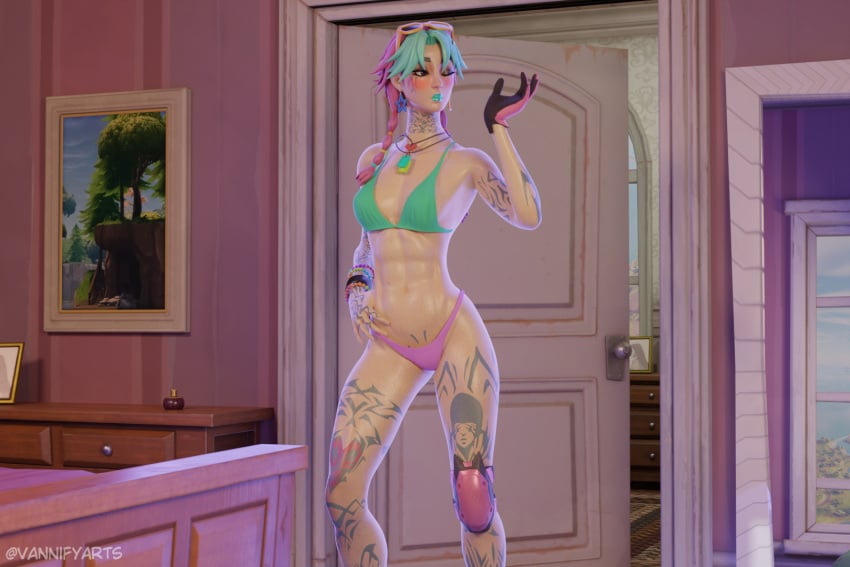 3d abs bedroom bedroom_setting belly belly_button big_breasts bikini bikini_bottom bikini_top bracelet bracelets braid braided_hair braided_twintails braids brown_eyes clothing curvy curvy_body curvy_female curvy_figure earrings exposed_belly exposed_bra exposed_panties exposed_shoulders exposed_underwear fortnite fortnite:_battle_royale glasses glasses_on_forehead glasses_on_head glove gloves green_bikini_top green_bra green_hair green_lips green_lipstick green_top hand_on_hip hand_on_own_hip looking_away looking_to_the_side multicolored_bikini multicolored_hair necklace pink_bikini_bottom pink_hair pink_panties pink_underwear puckered_lips selene_(fortnite) six_pack slim slim_girl slim_waist sweaty_abs sweaty_body sweaty_breasts swimwear tattoo tattoo_on_arm tattoo_on_legs tattoo_on_neck tattooed_arm tattoos vannifyarts wet_body wet_skin wide_hips winking winking_eye