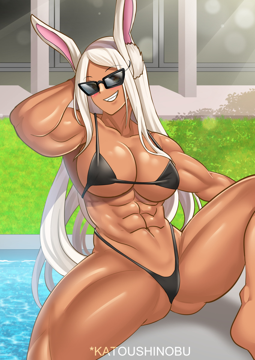 1girls abs alternate_version_available animal_ears big_breasts bikini bikini_bottom bikini_top black_bikini blush bottomwear breasts bunny_ears cleavage eyewear female female_only hair huge_breasts katou_shinobu long_hair miruko muscular muscular_female my_hero_academia pool rumi_usagiyama smile solo solo_female sunglasses thick_thighs thighs tinted_eyewear topwear usagiyama_rumi white_hair