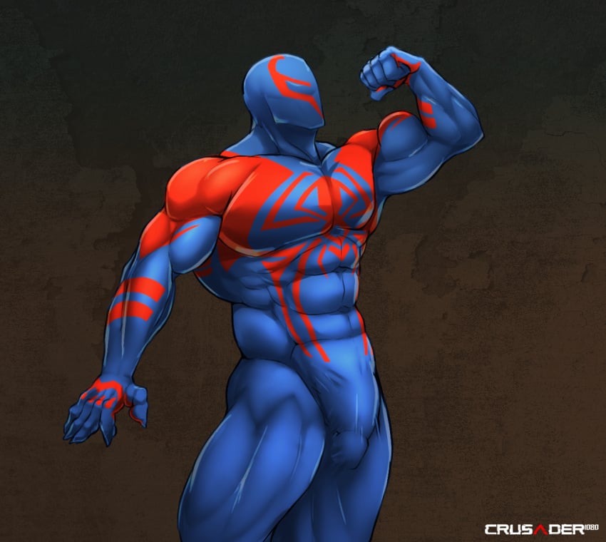 1boy abs bara biceps bulge bulge_through_clothing crusader1080 flaccid gay hi_res highres hispanic hispanic_male male male_focus male_only marvel miguel_o'hara muscular muscular_male penis_outline solo solo_male spider-man spider-man:_across_the_spider-verse spider-man_(series) spider-man_2099 tight_clothing