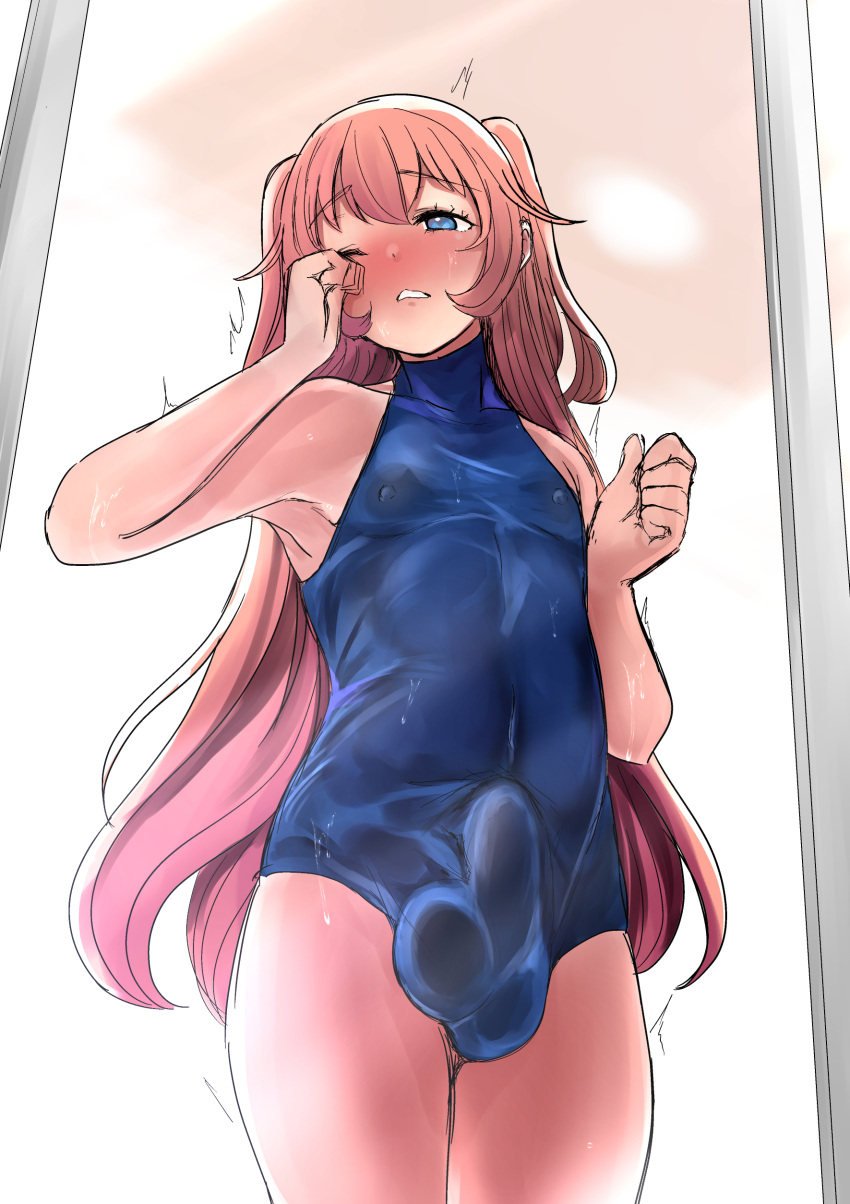 1boy big_penis blue_eyes blush bulge bulge_through_clothing femboy feminine_male long_hair male male_focus male_only nipple_bulge nipples ohanachan original penis pink_hair solo solo_female solo_focus sweat sweatdrop sweaty swimsuit thick_thighs thighs