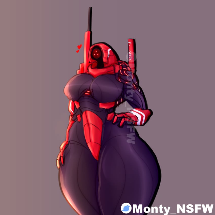 2d black_body breasts curvy curvy_female curvy_figure featureless_breasts female female_focus female_only geth grey_background hand_on_hip heart large_breasts mass_effect monty_nsfw robot robot_girl robot_humanoid thick thick_thighs