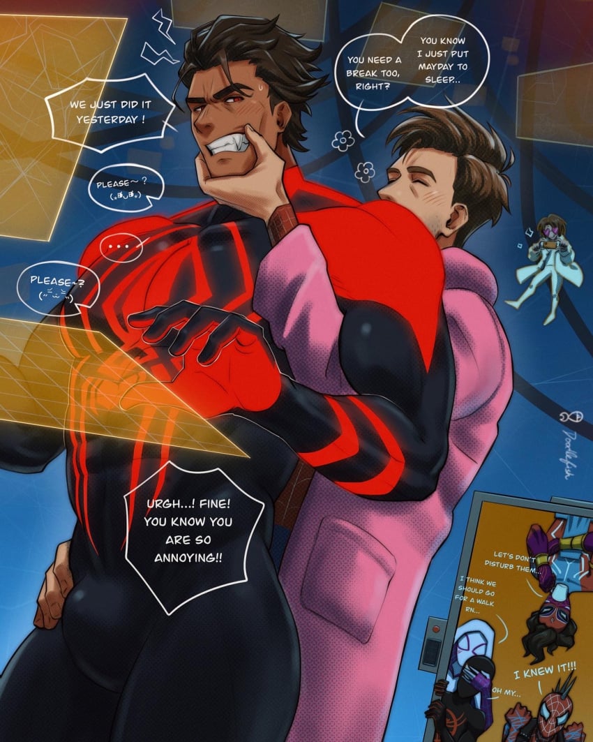 2boys abs audience bara biceps blush bulge dialogue doodlefish75 english_text filming gay gwen_stacy hi_res highres hispanic hispanic_male hobart_brown hobie_brown human human_only interracial lyla_(earth_928) lyla_(spider-man:_across_the_spider-verse) male male/male male_focus male_only marvel mature mature_male miguel_o'hara miles_morales muscular muscular_male pavitr_prabhakar peter_b_parker recording secretly_loves_it solo solo_male spider-gwen spider-man spider-man:_across_the_spider-verse spider-man_(series) spider-man_2099 spider-woman text voyeur yaoi yaoi_with_female_audience yaoi_with_male_audience