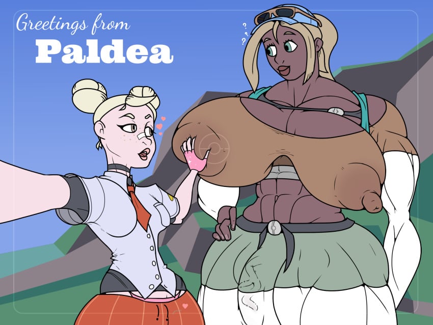 1futa 1girls aarqon abs areolae blonde_hair breasts bulge buns clothed clothing dark-skinned_futanari dark_skin duo erect_nipples erect_nipples_under_clothes female fully_clothed futanari groping groping_breasts heart hearts_around_head hiker_(pokemon) hiker_(pokemon_sv) huge_breasts huge_nipples human impossible_clothes large_penis larger_futanari light-skinned_female light_skin looking_at_another looking_at_breasts looking_at_each_other muscular_female nipple_bulge nipples nipples_visible_through_clothing npc_trainer original_character pale_skin penis pokemon pokemon_sv ponytail school_uniform selfie size_difference small_breasts standing tan_skin thick_thighs veiny_penis wide_hips