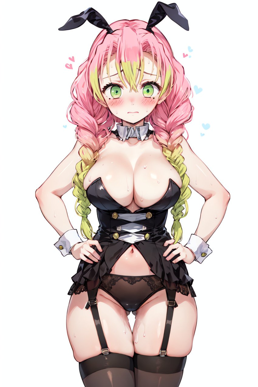 1girls ai_generated big_breasts blush breasts bunny_ears bunny_girl bunnysuit demon_slayer female female_only green_eyes human kanroji_mitsuri kimetsu_no_yaiba nai_diffusion pink_hair solo twin_braids