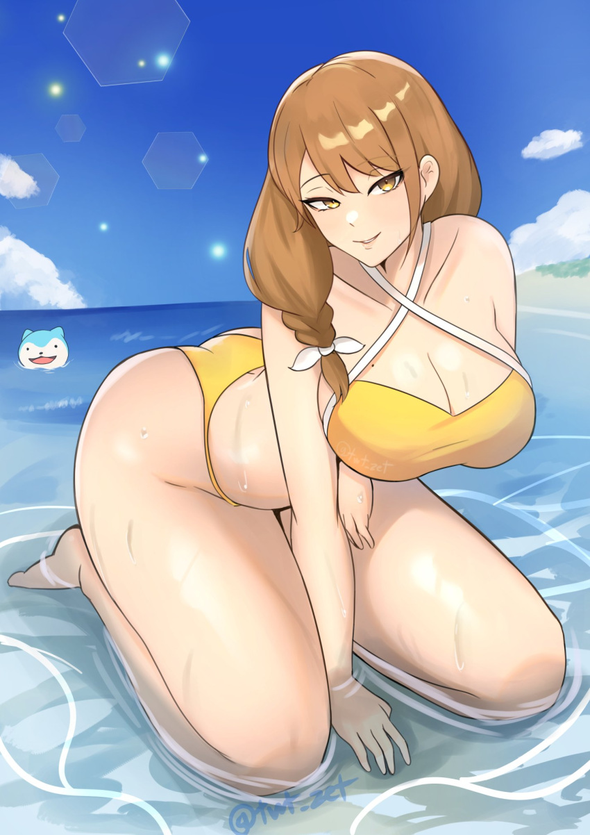 1girls alternate_costume arm_under_breasts artist_name ass beach between_legs bikini breasts brown_hair cleavage collarbone criss-cross_halter female female female_only fire_emblem fire_emblem_engage goldmary_(fire_emblem) hair_over_shoulder halterneck hand_between_legs highres large_ass large_breasts light_rays looking_at_viewer low_ponytail mole mole_on_breast nintendo partially_submerged seductive_smile smile solo sommie_(fire_emblem) swimsuit wet yellow_bikini yellow_eyes yellow_swimsuit zet_(twt_zet)