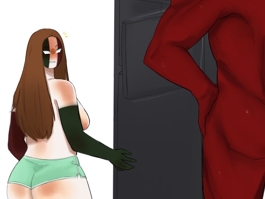 1boy 1girls ass blush brown_hair countryhumans countryhumans_girl female idkcocco long_hair male mexico_(countryhumans) russia_(countryhumans) shorts voluptuous voluptuous_female