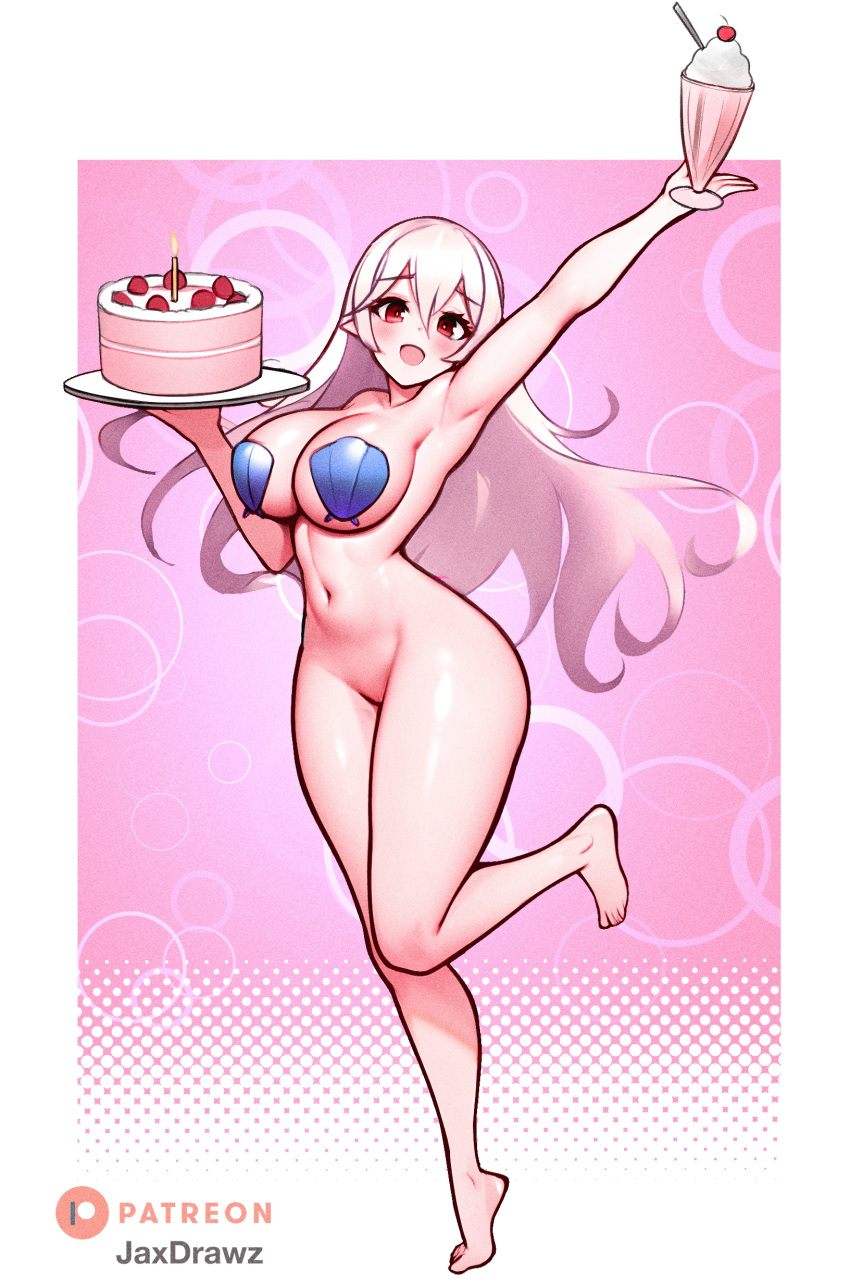 1girls alternate_costume arm_up armpits artist_name bikini birthday_cake border bottomless breasts cake cherry commentary commission corrin_(female)_(fire_emblem) corrin_(fire_emblem) corrin_(fire_emblem)_(female) curvy drink edit english_commentary eyelashes feet fire_emblem fire_emblem_cipher fire_emblem_fates food fruit full_body grey_hair hair_between_eyes happy_birthday highleg highres hips holding jaxartdump jaxdrawz knees_together_feet_apart large_breasts legs long_hair milkshake narrow_waist navel nintendo official_alternate_costume patreon_logo patterned_background pink_background pointy_ears red_eyes shell shell_bikini slender_waist slim_waist solo standing standing_on_one_leg swimsuit thick_thighs thighs tiptoes whipped_cream white_border white_hair wide_hips