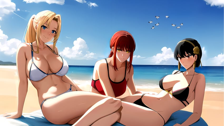 3girls ai_generated breasts chainsaw_man crossover female female_only makima_(chainsaw_man) multiple_girls mushoku_tensei nai_diffusion spy_x_family stable_diffusion swimsuit usurper yor_briar zenith_greyrat