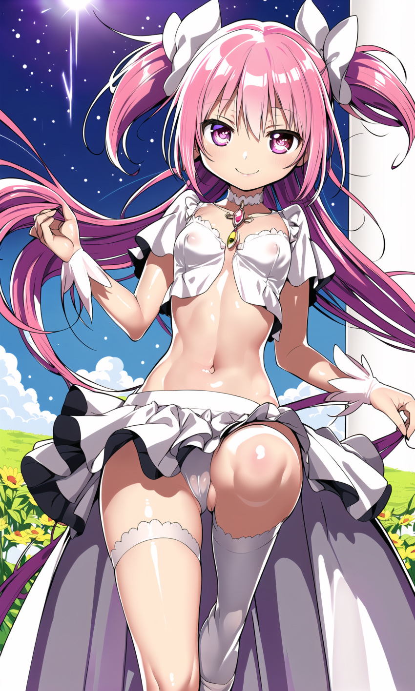 ai_generated cameltoe female female_focus female_only goddess long_hair madoka_kaname magical_girl mahou_shoujo_madoka_magica nipples_visible_through_clothing petite petite_body petite_female pink_hair puella_magi_madoka_magica seductive_look seductive_smile slim_girl slim_waist small_breasts solo solo_female solo_focus stable_diffusion thighhighs twintails ultimate_madoka visible_underwear white_outfit white_ribbon yellow_eyes