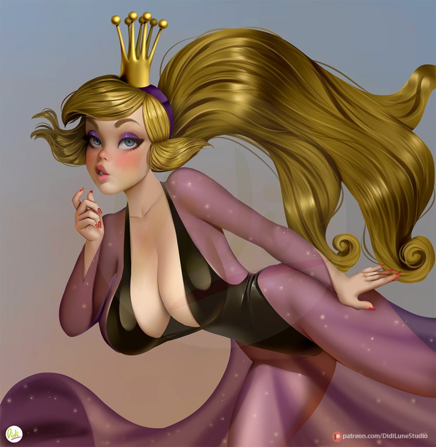 1girls bimbo blonde_hair blue_eyes cleavage crown didi_esmeralda dragon's_lair huge_breasts long_hair princess_daphne voluptuous