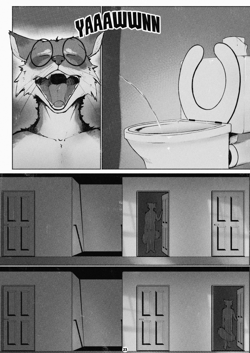 anthro arcsuh black_and_white bodily_fluids comic detailed_background digital_media_(artwork) english_text eyewear genital_fluids glasses hi_res male mammal monochrome open_mouth page_23 page_number peeing procyonid raccoon simple_background solo teeth text tongue urine urine_stream watersports zeek_(arcsuh)