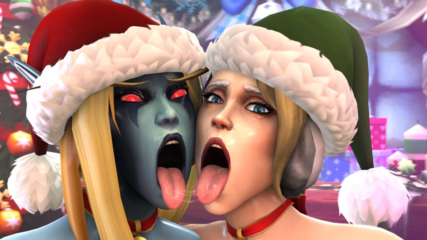 2girls 3d after_kiss female futadarkrim jaina_proudmoore sylvanas_windrunner tongue_out world_of_warcraft