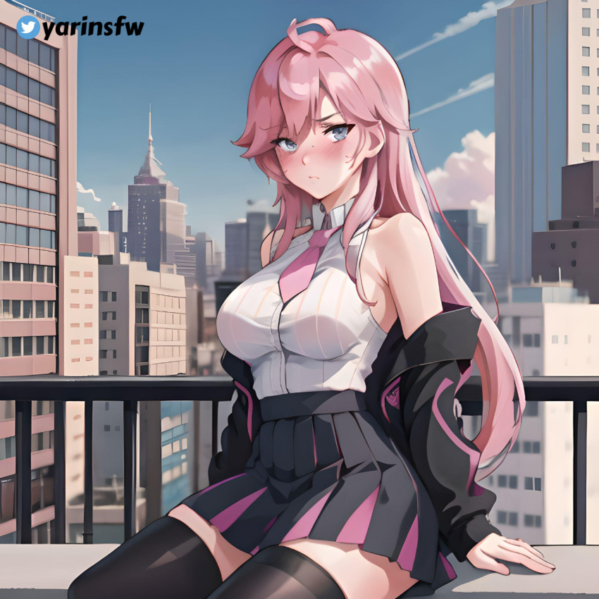 ai_generated battle_academia_katarina battle_academia_series black_jacket blush breasts city katarina_du_couteau league_of_legends looking_at_viewer pink_hair sitting skirt small_waist thick_thighs thighhighs thighs white_shirt