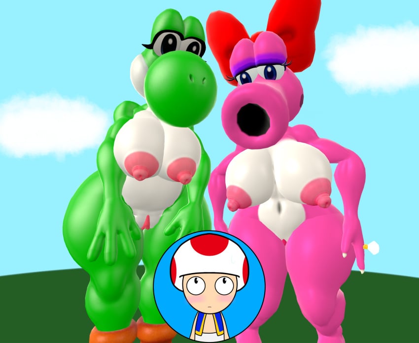 1boy 2girls 3d 3d_(artwork) big_breasts big_thighs birdo black_eyes blue_eyes bow breasts curvy eyeshadow female female_focus green_skin half-closed_eyes hands_on_hips hands_on_thighs male mario_(series) multiple_girls naked naked_female nintendo nipples nude nude_female outdoors pink_skin purple_eyeshadow pussy red_bow source_filmmaker standing thick thick_hips thick_thighs thighs toad_(mario) white_belly white_breasts wide_hips yoshi yuuki_momofox