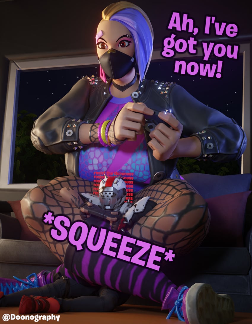 3d blender blush catalyst_(fortnite) dialogue doonography dyed_hair female female/female female/male fishnets fortnite gaming giantess helmet indoors leather_jacket male mask nighttime punk size_difference squeeze text thigh_lock trapped wholesome x-lord x-lord_(fortnite)