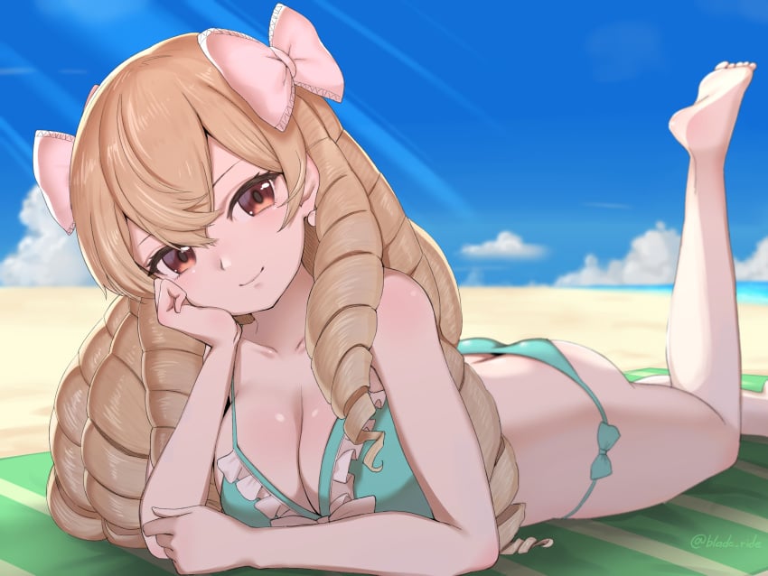 1girls absurdres alternate_costume aqua_bikini ass barefoot beach beach_towel big_ass bikini blade_ride blonde_hair blue_sky bow breasts brown_eyes butt_crack cloud commentary_request day drill_hair earrings eyebrows_visible_through_hair female female_only fire_emblem fire_emblem_awakening frilled_bikini frills green_bikini green_swimsuit hair_ribbon hairbow hand_on_own_face head_tilt highres large_breasts light_brown_hair looking_at_viewer lying maribelle_(fire_emblem) nintendo ocean on_stomach outdoors pink_eyes ringlets side-tie_bikini sky solo sunbeam swimsuit the_pose twin_drills