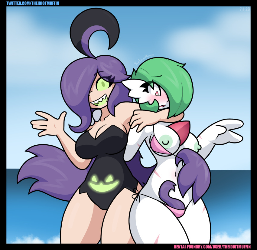 2girls 3_fingers 5_fingers anthro areolae arm_around_neck belly_button bikini bikini_top_pull blush breasts breasts_out flashing flashing_breasts gabriella_(theidiotmuffin) gardevoir gourgeist green_eyes green_hair green_nipples green_tongue hair_tentacles humanized humanoid looking_at_viewer looking_down multiple_girls nipples one_eye_obstructed one_piece_swimsuit pokémon_(species) pokemon pokemon_(species) pokemon_rse pokemon_xy purple_hair red_eyes scars sharp_teeth signature simple_background smiling swimsuit tears text theidiotmuffin url yuri