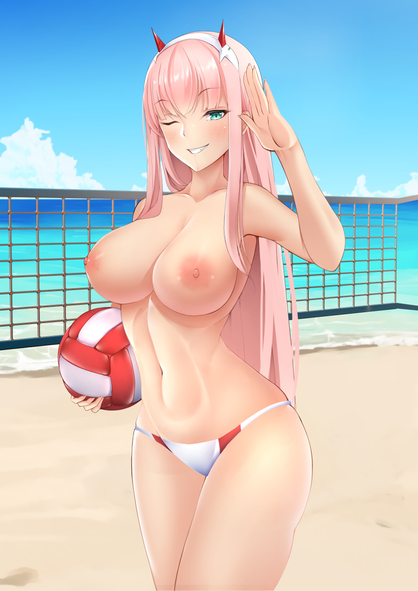 1girls beach bikini breasts darling_in_the_franxx female female_only green_eyes hair_ornament horn large_breasts long_hair long_pink_hair navel nipples pink_hair revision solo topless volleyball volleyball_net zero_two_(darling_in_the_franxx)