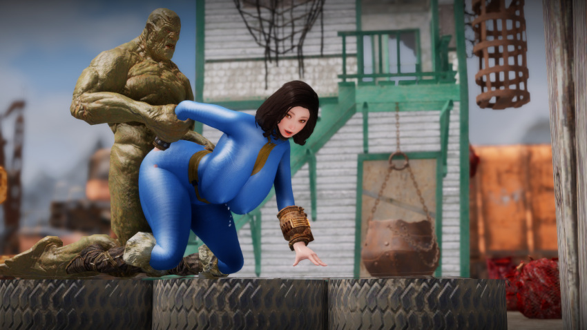 3d clothed_sex clothing computer doggy_style electronics emotrashcan fallout female footwear human male nora_(fallout_4) pale_skin pip-boy public screenshot strong_(fallout) super_mutant vault_dweller vault_suit wristwear