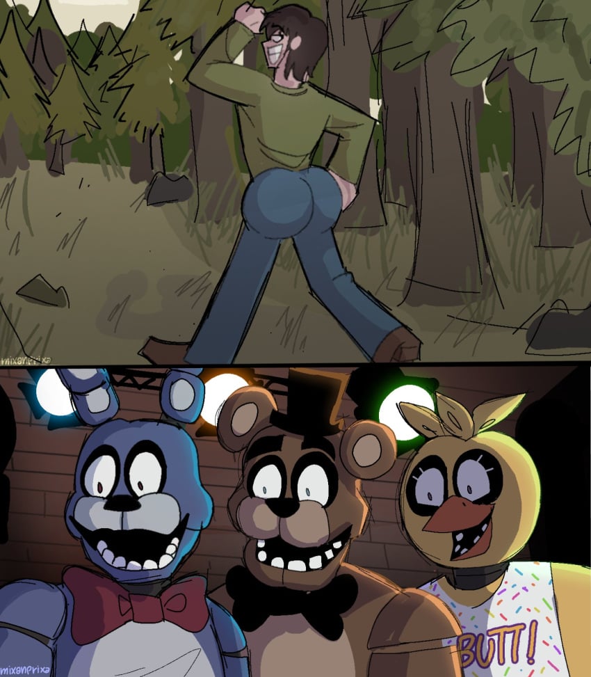 1girls 3boys animan animanstudios animatronic ass axel_in_harlem big_ass big_butt bonnie_(fnaf) brown_hair butt chica_(fnaf) fat_ass fat_butt female five_nights_at_freddy's five_nights_at_freddy's_(film) freddy_(fnaf) fully_clothed funny gay huge_ass huge_butt i_put_the_new_forgis_on_the_jeep looking_back male male_focus meme mike_schmidt mixanprixa thick_ass thick_butt vamonos_de_fiesta_a_factory walking_away