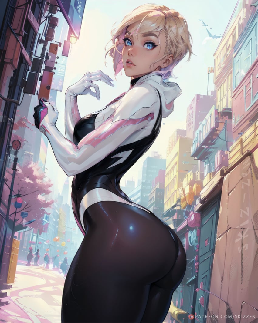 1girls ai_generated ass blonde_hair blue_eyes dat_ass female female_only gwen_stacy gwen_stacy_(spider-verse) looking_at_viewer marvel short_hair sidecut skizzen solo solo_female solo_focus spider-gwen spider-man:_into_the_spider-verse spider-man_(series) stable_diffusion suit superhero_costume superheroine thick_ass thick_thighs thin_waist