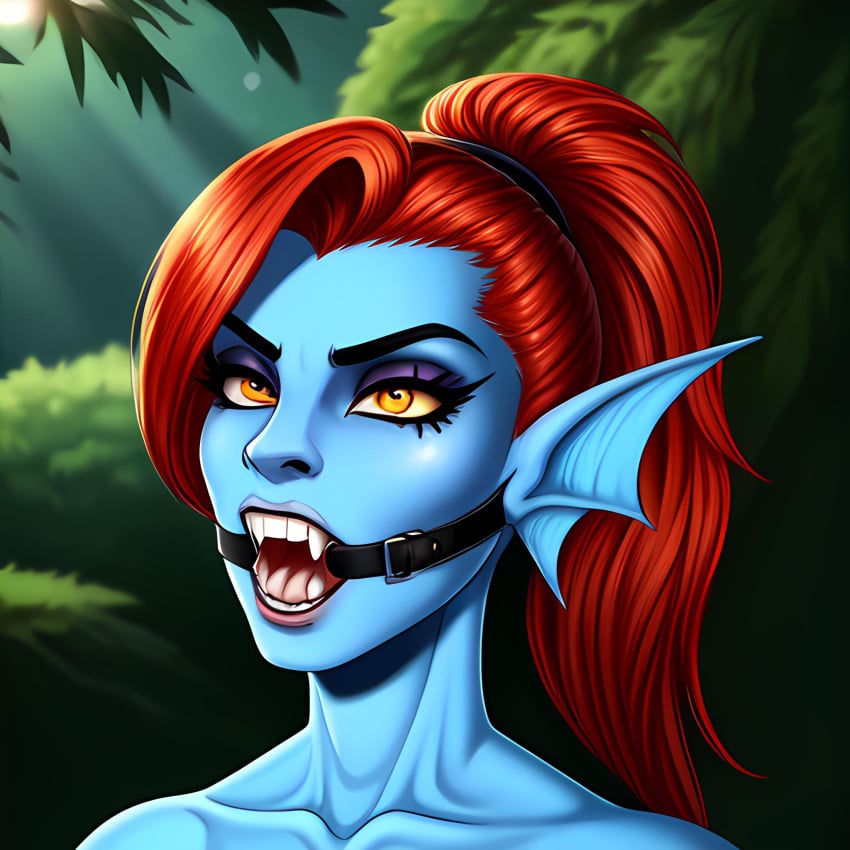 ai_generated arms_behind_back bondage bound fangs female fin_ears fish_girl marine open_mouth ponytail portrait red_hair ring_gag sharp_teeth slave undertale undertale_(series) undyne