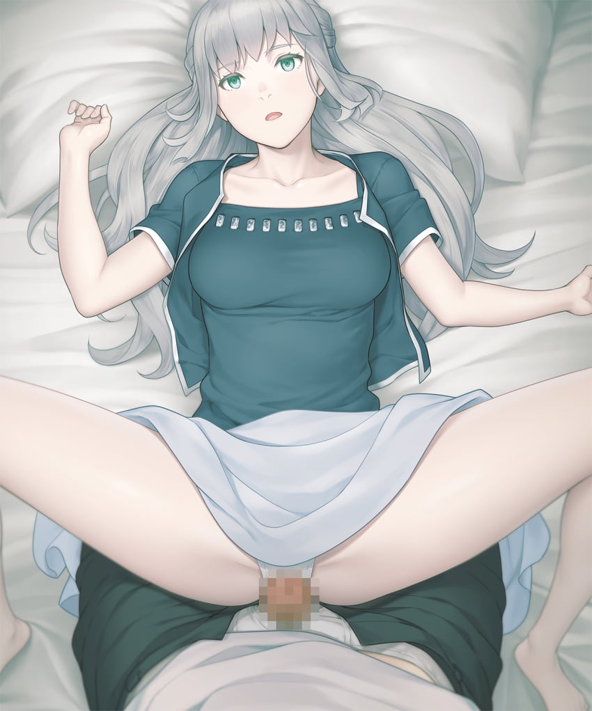 1boy bed_sheet black_jacket black_pants black_shirt breasts censored clothes_lift collarbone female game_cg green_eyes grey_hair grey_skirt hamashima_shigeo hana_tsubaki highres jacket long_hair looking_at_viewer lying male male_underwear medium_breasts minikui_mojika_no_ko miniskirt mosaic_censoring on_back open_clothes open_jacket open_mouth panties pants penis pillow pov shirt short_sleeves skirt skirt_lift spread_legs straight underwear very_long_hair white_male_underwear white_panties white_shirt