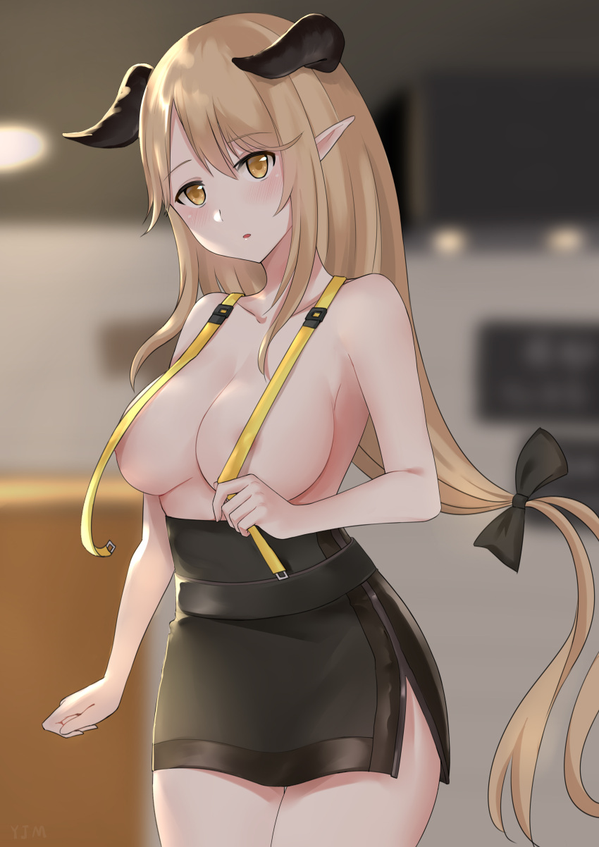 1girls arknights blonde_hair blush bowtie collarbone horns indoors light-skinned_female light_skin long_hair looking_at_viewer meteorite_(arknights) naked nude pointy_ears solo standing yellow_eyes ying_jing_meng