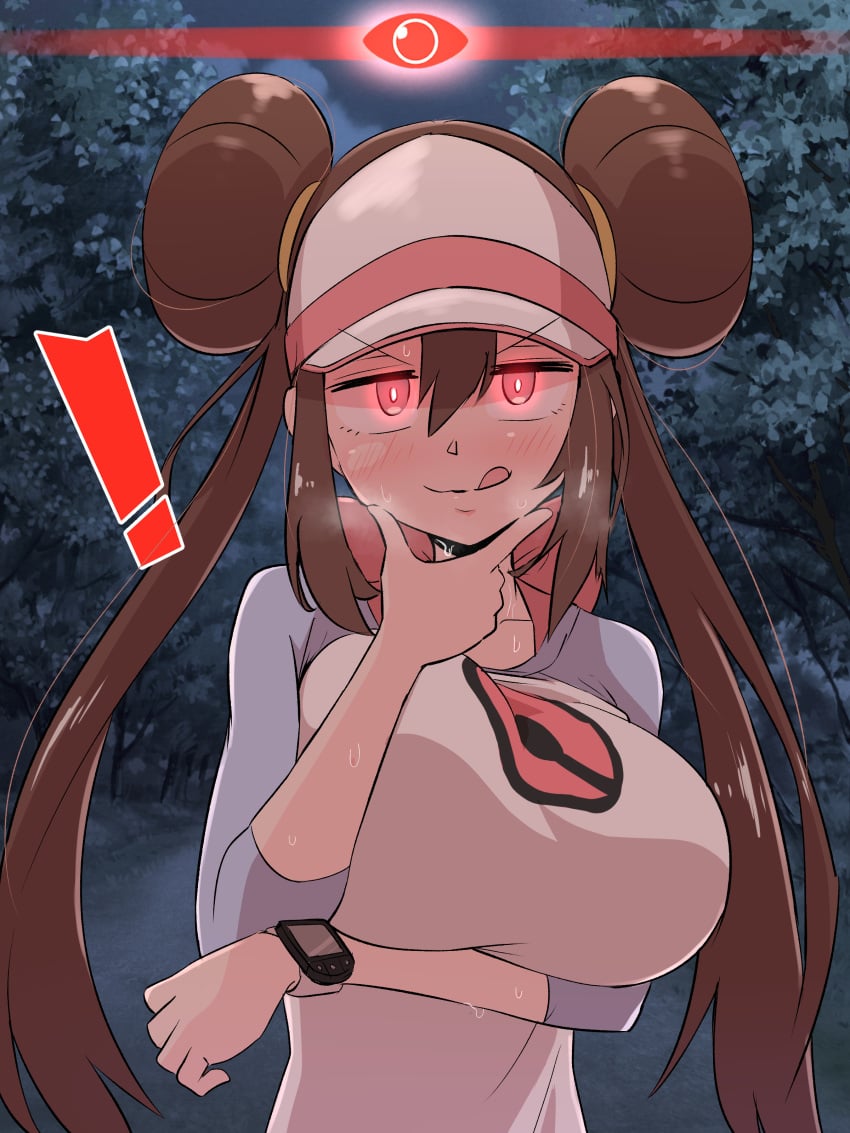 ! 1girls 2023 alpha_pokémon alpha_pokegirl big_breasts blush breasts brown_hair clothing forest glowing_eyes hair_bun hat kurachi_mizuki long_hair looking_at_viewer night pokemon pokemon_bw2 pokemon_legends:_arceus red_eyes rosa_(pokemon) solo sweat tongue tongue_out watch