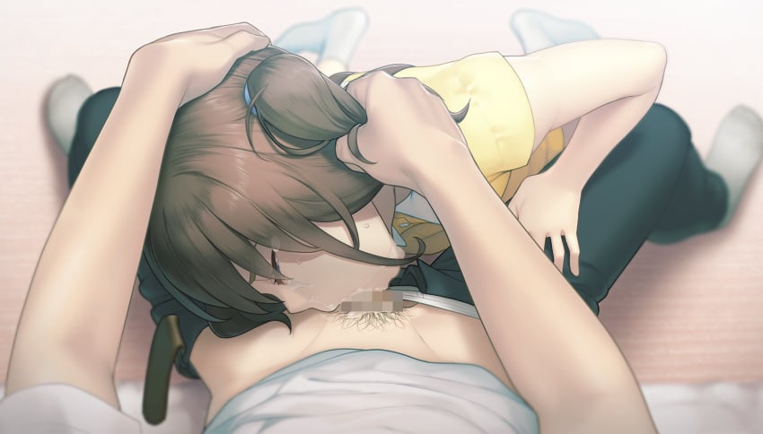 1boy 1girls black_pants blurry blurry_background brown_hair censored closed_eyes clothes_pull crying fellatio female female_focus forced from_above futaba_miyu game_cg grabbing_another's_hair grey_socks hamashima_shigeo hand_on_another's_head head_tilt highres indoors light-skinned_female light-skinned_male light_skin long_hair male male_pubic_hair male_underwear minikui_mojika_no_ko mosaic_censoring oral pants pants_pull penis pubic_hair rape shirt socks straight t-shirt tears underwear white_male_underwear white_shirt