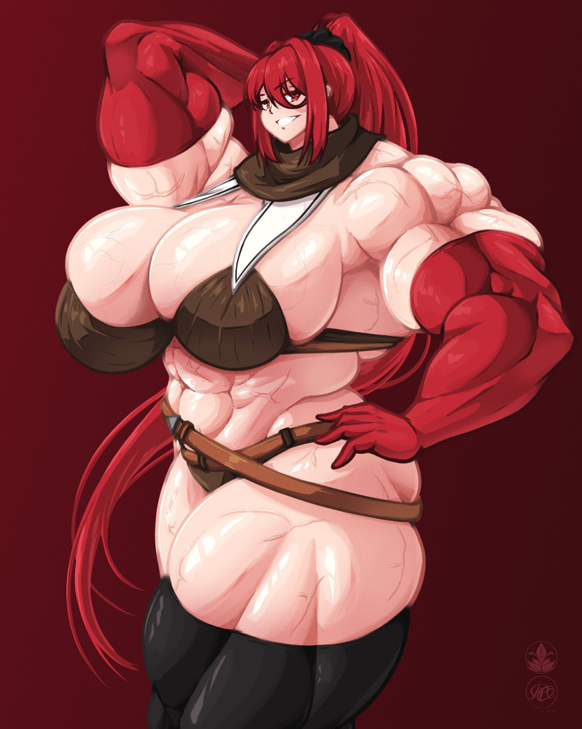 1girls abs female female_only hyper_breasts hyper_muscles ikusaba_maya isekai_one_turn_kill_neesan:_ane_douhan_no_isekai_seikatsu_hajimemashita muscular_female red_hair roneesan solo thick_thighs veiny_muscles