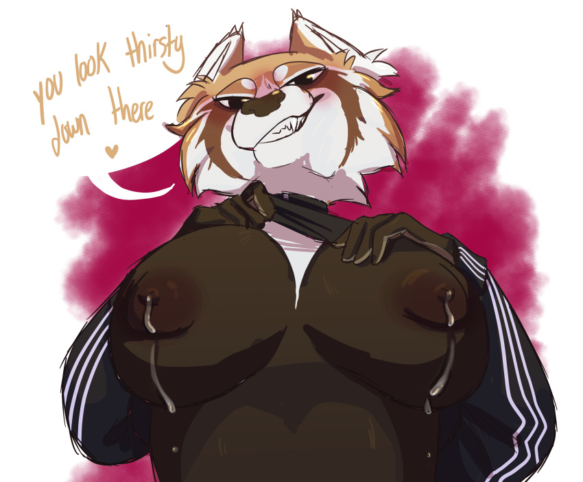 absurd_res adidas ailurid alpha_channel anthro blush bodily_fluids breasts female hi_res lactating mammal red_panda scarlet_(athelwah) solo speech_bubble weirdcathq