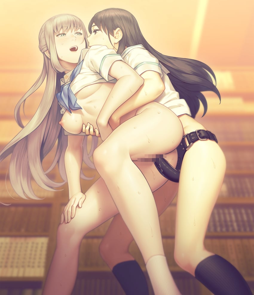 2girls :d absurdres black_socks blue_neckerchief blurry blurry_background bookshelf breasts brown_eyes brown_hair censored clothes_lift collared_shirt eye_contact floating_hair game_cg grey_hair hamashima_shigeo hana_tsubaki hand_on_own_knee highres indoors kneehighs konomi_naruko library long_hair looking_at_another medium_breasts minikui_mojika_no_ko mosaic_censoring multiple_girls neckerchief nipples open_mouth sailor_collar sailor_shirt sex sex_from_behind shirt shirt_lift short_sleeves smile socks standing standing_sex straight_hair strap-on strapon sweatdrop underboob vaginal_penetration very_long_hair white_sailor_collar white_shirt white_socks yuri