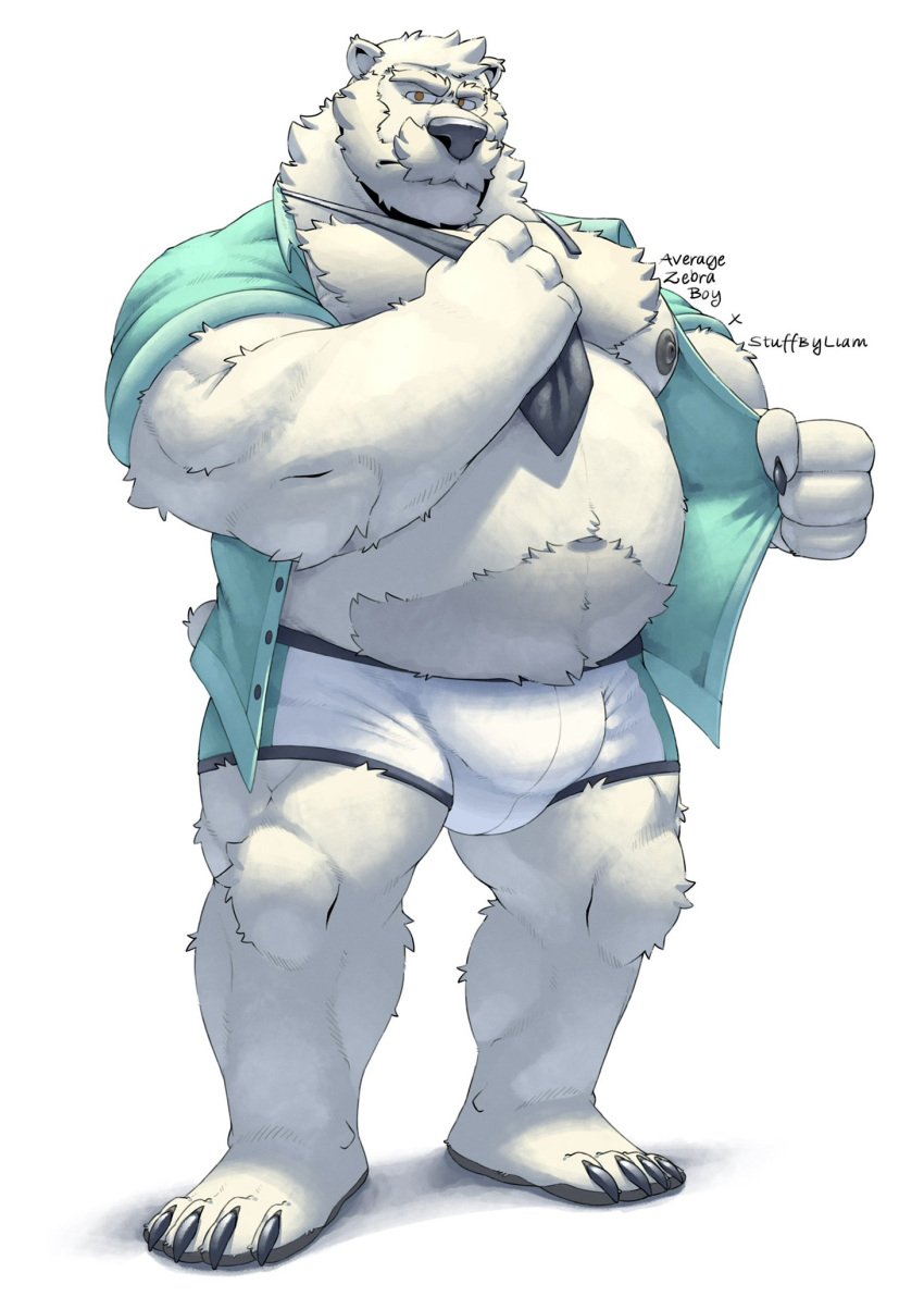 4_fingers 4_toes anthro averagezebraboy bear beard belly belly_hair belly_overhang biceps big_bulge body_hair boss bulge chest_hair chest_tuft claws clothed clothing collared_shirt facial_hair feet fingers frown grumpy hair hi_res looking_at_viewer male male_only mammal mature_anthro mature_male moustache musclegut muscular muscular_anthro muscular_male navel neck_tuft necktie nipples open_clothing open_shirt open_topwear partially_clothed pawpads pecs polar_bear scowl shirt simple_background solo solo_male standing tail toe_claws toes topwear tuft underwear undressing ursine white_background white_body