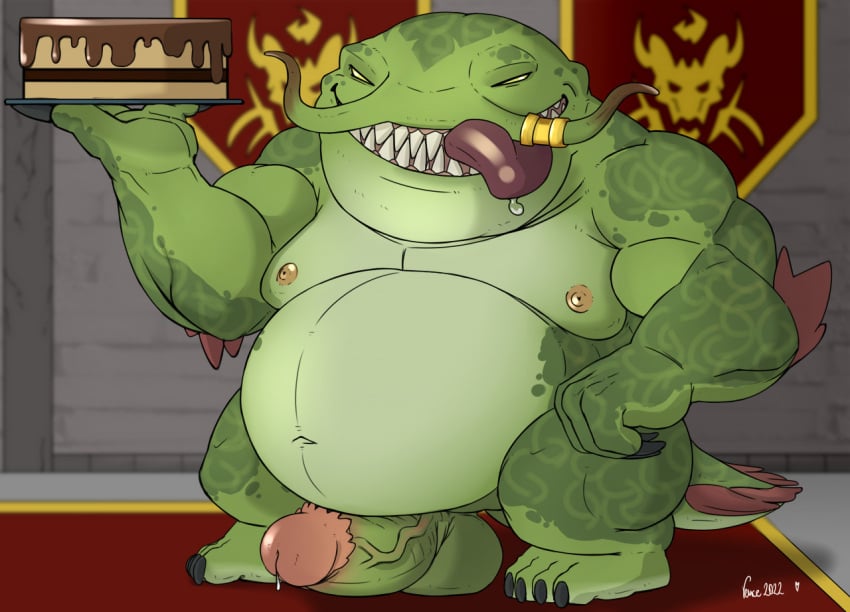 anthro balls belly bodily_fluids cake catfish demon dessert dripping fish food genitals league_of_legends male marine nipples overweight penis riot_games saliva saliva_drip solo solo_male tahm_kench tongue tongue_out vein veiny_penis vence_(artist)