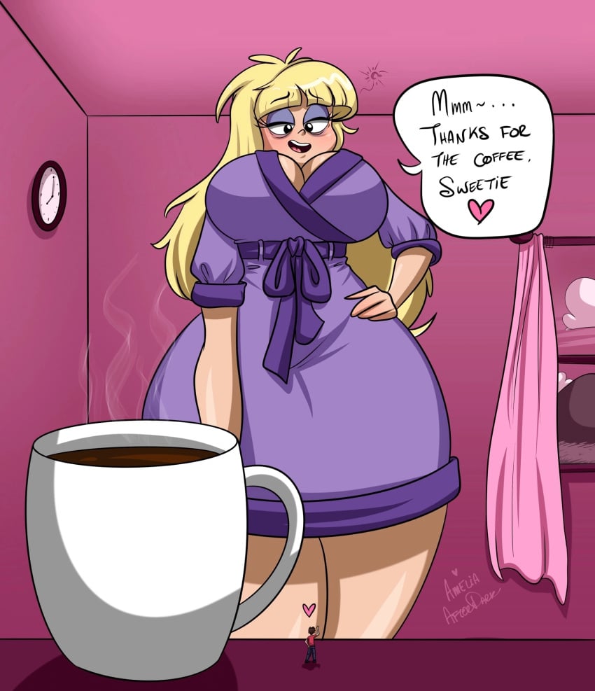 1boy 1girls afterdark bags_under_eyes blonde_hair blunt_bangs cloud coffee coffee_mug curtains dipper_pines disney english_text giantess gravity_falls hand_on_hip heart hourglass_figure indoors large_breasts miniboy pacifica_northwest purple_eyeshadow purple_robe robe ruffled_hair size_difference sleepy speech_bubble standing straight_hair text window