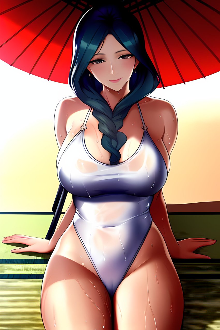 1girls ai_generated black_hair bleach braid female female_only legs_together mature mature_female milf novelai one-piece_swimsuit sitting smile solo stable_diffusion swimsuit thick_thighs umbrella unohana_retsu voluptuous wet wet_skin wet_swimsuit