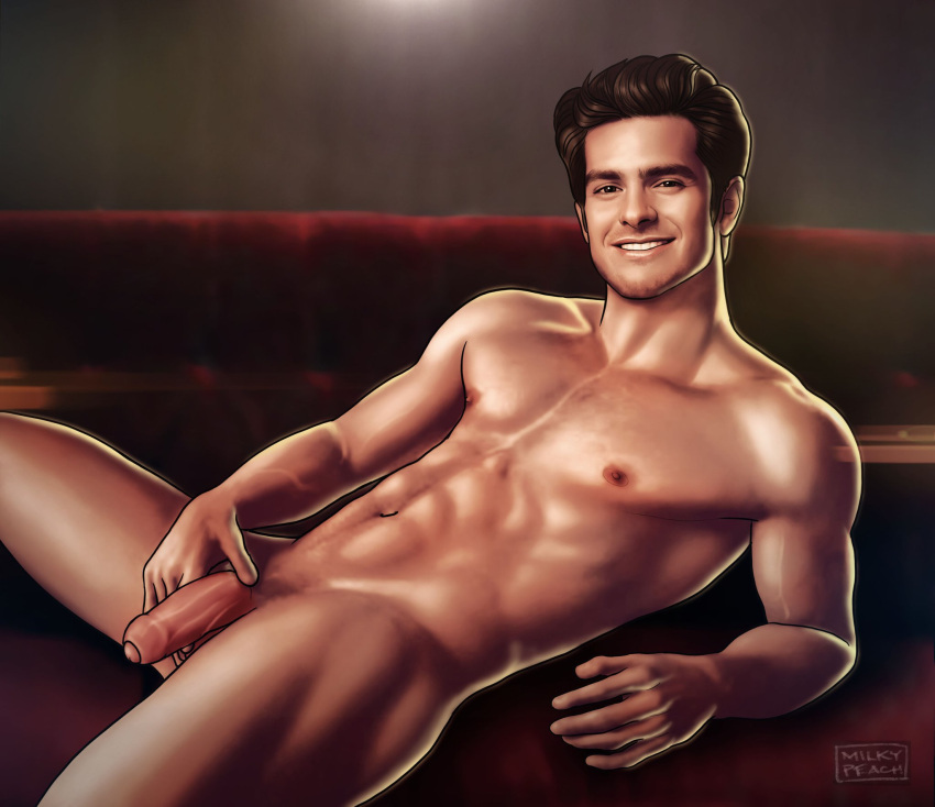 1boy abs actor andrew_garfield caucasian caucasian_male celebrity flaccid flaccid_penis looking_at_viewer male male_only milkypeach232 muscles muscular muscular_male pecs real_person smiling_at_viewer smooth_chest smooth_skin solo solo_male uncut