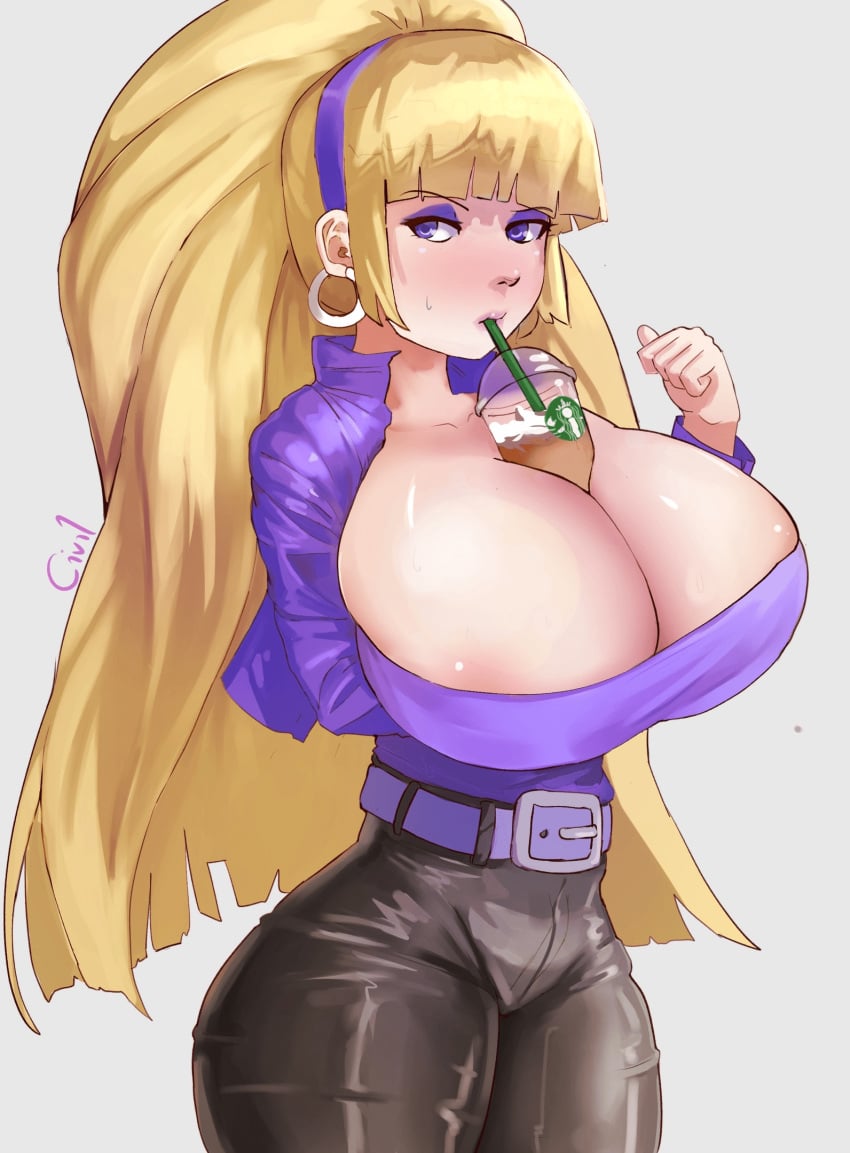 between_breasts black_jeans blonde_hair bulging_breasts civildreams coffee disney drink giant_breasts gravity_falls jacket jeans large_breasts long_hair object_between_breasts pacifica_northwest purple_jacket purple_shirt shirt starbucks straight_hair tight_clothing tight_fit waist_belt