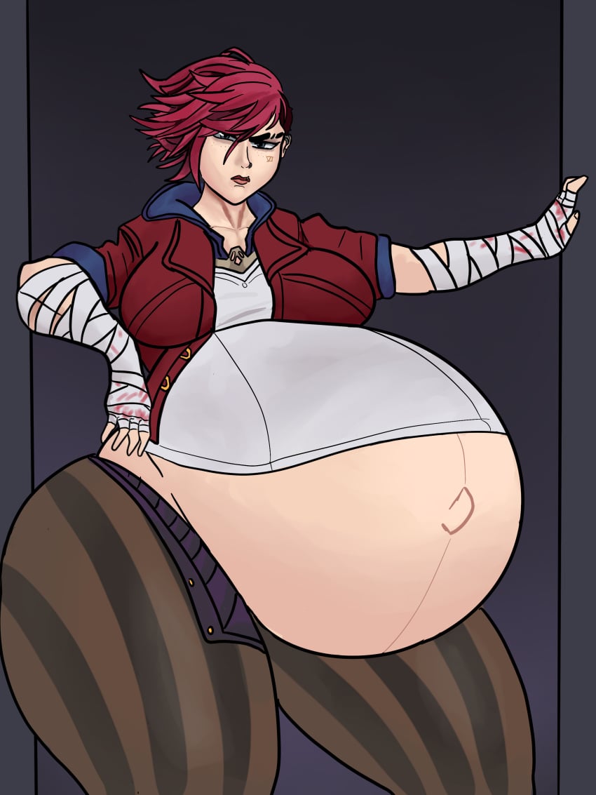 1girls big_breasts blood_stain blue_eyes doorway female freckles hyper_belly hyper_pregnancy league_of_legends pregnant ready_to_pop red_hair riot_games scunnerturn taped_arms thick_thighs vi wide_hips