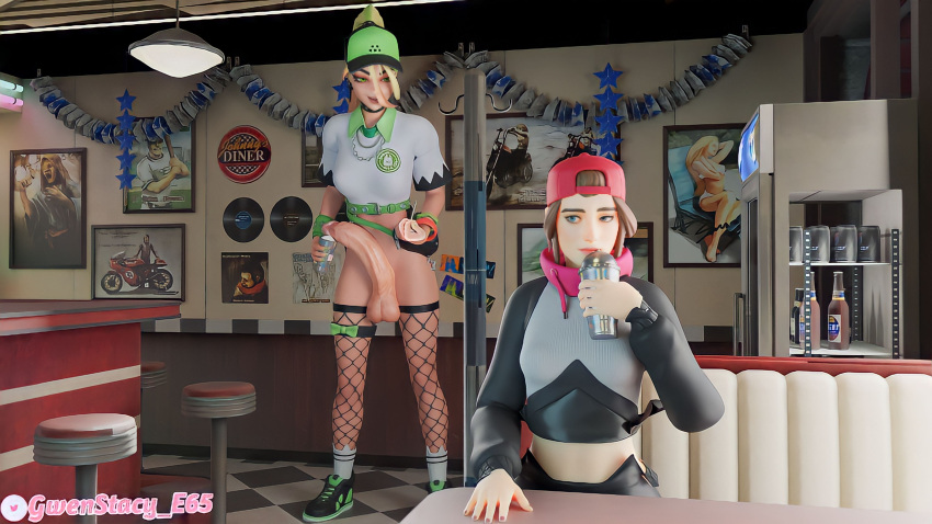 1futa 1girls 3d big_balls big_penis bottomless disgusted disgusted_look drinking drinking_cum fast_food fishnets fortnite futanari grimace_birthday_shake grimace_shake gwenstacy_e65 helsie_(fortnite) hung_futanari loserfruit mcdonald's