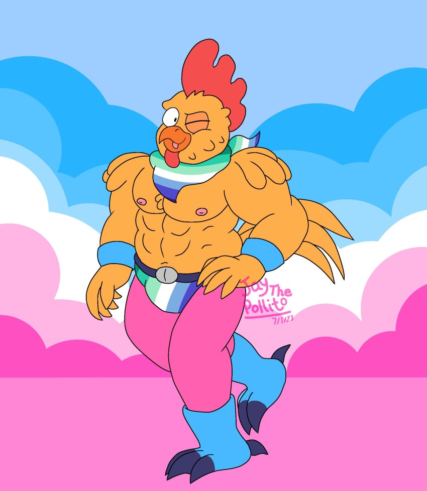 1boy abs anthro avian bandana bulge chicken clothing flag fortnite fortnite:_battle_royale gay jaythepollito lgbt_pride looking_at_viewer male male_only muscles muscular muscular_male nipples partially_clothed pecs solo solo_male tender_defender tight_clothing tights tongue tongue_out topless underwear video_games