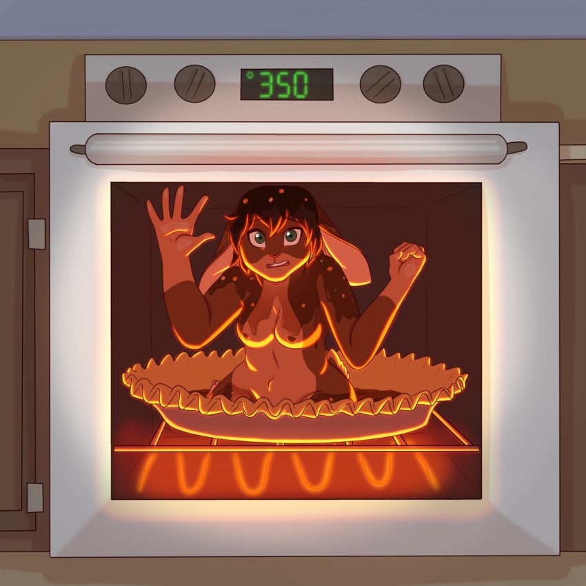 1:1 5_fingers anthro appliance breasts brown_hair brown_nipples cooked_alive cooking_with_furs eyebrows feet female fingers fur gloves_(marking) green_eyes hair hi_res imminent_death implied_cannibalism inside kitchen_appliance lagomorph leporid mammal markings multicolored_body multicolored_fur nipples number open_mouth oven pink_nose rabbit rebelparrot sadism solo story story_in_description toes unwilling