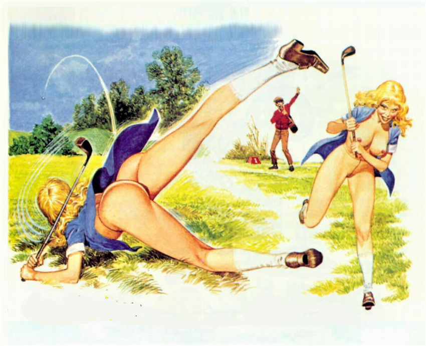 ass blonde_hair blue_button_down_shirt blue_shirt breasts button_down_shirt carrie_carton exhibitionism exhibitionist glenn_miller golf golf_club golfing knocked_out oblivious pubic_hair see-through_stockings shoes socks unaware unintentional_exhibitionism