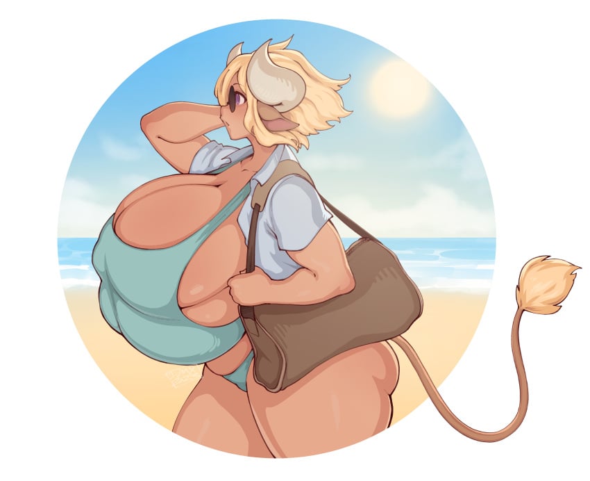 1girls 4_breasts animal_ears ass bag beach beige_hair blonde_female blonde_hair breasts breasts_bigger_than_head cow_girl cow_horns dmxwoops female female_focus gigantic_breasts horns huge_ass huge_breasts margarine_(deumosden) multi_breast purple_hair short_hair sideboob solo sunglasses tail