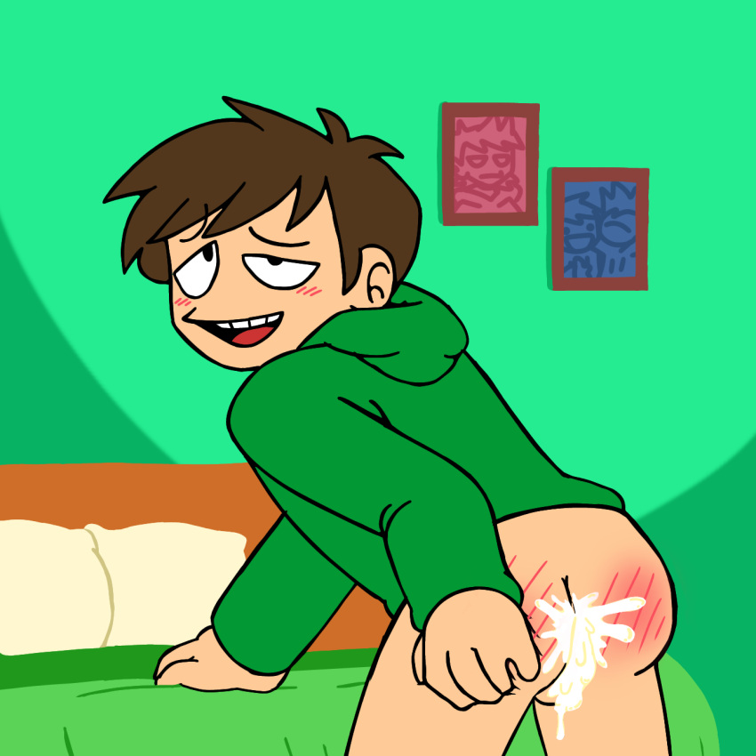 background bed bedroom bending_over blush brown_hair cum_drip cum_in_ass cum_inside edd_(eddsworld) eddsworld gay grabbing_from_behind green_hoodie justsomedude looking_at_viewer picture_frame smile smiling_at_viewer spread_ass