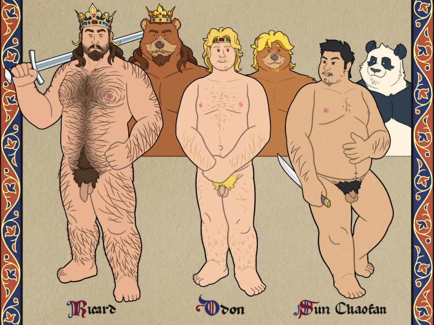 absurd_res alternate_species anthro arm_hair balls bear beard black_body black_eyebrows black_eyes black_fur black_hair black_pubes blonde_eyebrows blonde_hair blonde_pubes body_hair border brown_bear brown_beard brown_body brown_eyebrows brown_eyes brown_fur brown_hair brown_pubes chest_hair circlet crown dagger eye_contact eyebrows facial_hair facial_markings flaccid fur gem genitals giant_panda group hair happy_trail head_markings headgear hi_res holding_dagger holding_object holding_sword holding_weapon human humanized king king_regulus leg_hair lineup long_hair looking_aside looking_at_another male male_only mammal markings medieval melee_weapon missing_tooth overweight overweight_male pecs penis prince_orion pubes quasarbearcat reverse_grip rogue royalty shoulder_hair side_by_side simple_background slightly_chubby smile standing sun_chao sword teeth_showing text textured_background tooth_gap ursine wavy_hair weapon white_body white_fur yellow_eyes