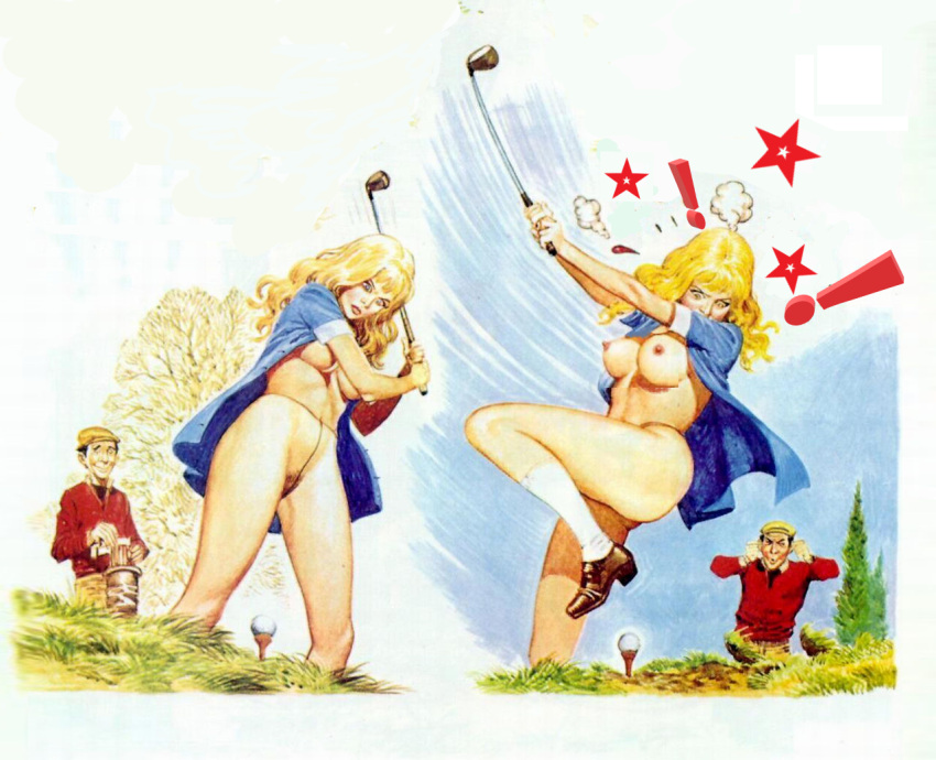 blonde_hair blue_button_down_shirt blue_shirt breasts button_down_shirt carrie_carton exhibitionism exhibitionist glenn_miller golf golf_club golfing knocked_out oblivious pubic_hair see-through_stockings unaware unintentional_exhibitionism